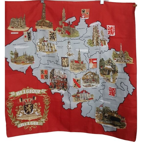 Vintage Van Deun Souvenir Square Scarf Map Of Belgium Castles Monuments Red Made - Picture 2 of 10